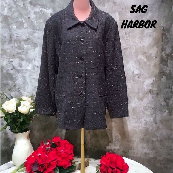 SAG HARBOR BUTTON UP COAT JACKET BLACK WITH ALL OVER SPARKLY THREADS 22W - Picture 1 of 7
